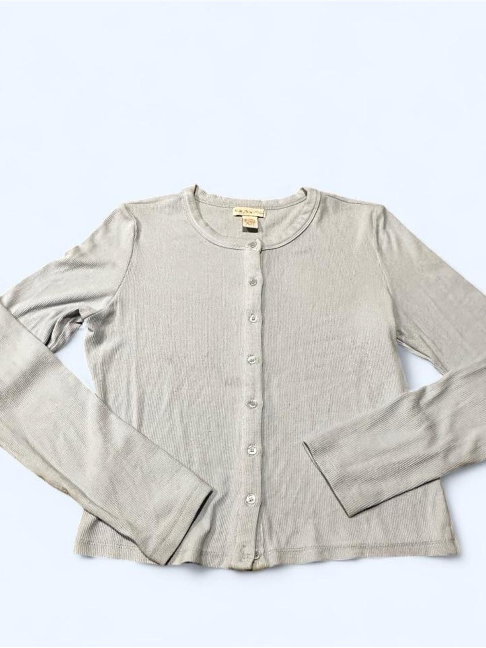 Women's Neutral Crewneck Button-Front Long Sleeve Top